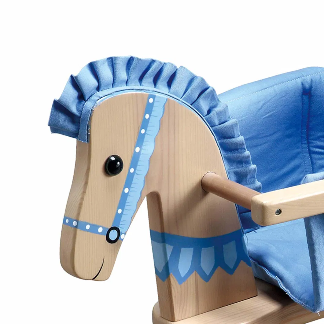 Wooden Rocking Horse with Removeable Safety Surrond Pad Natural / Blue